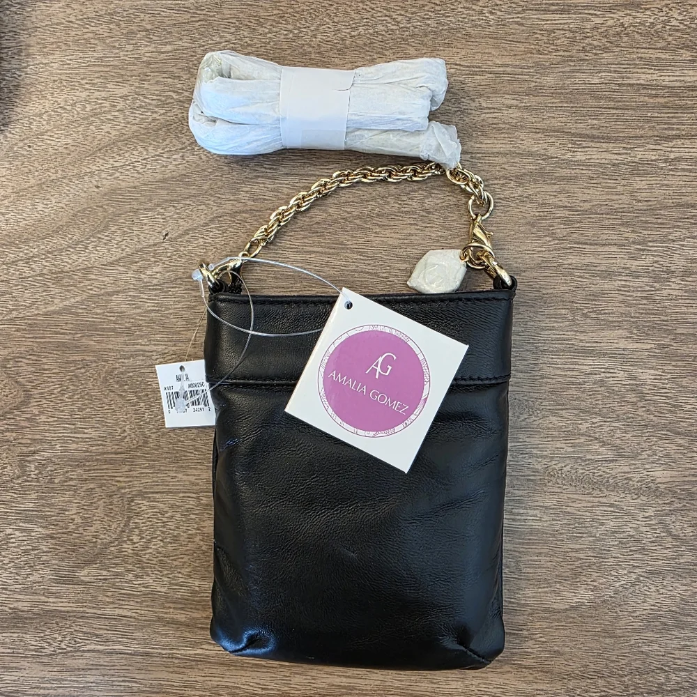 AMALIA GOMEZ Mini Flip bag Black Italian Leather Gold Chain Crossbody New
